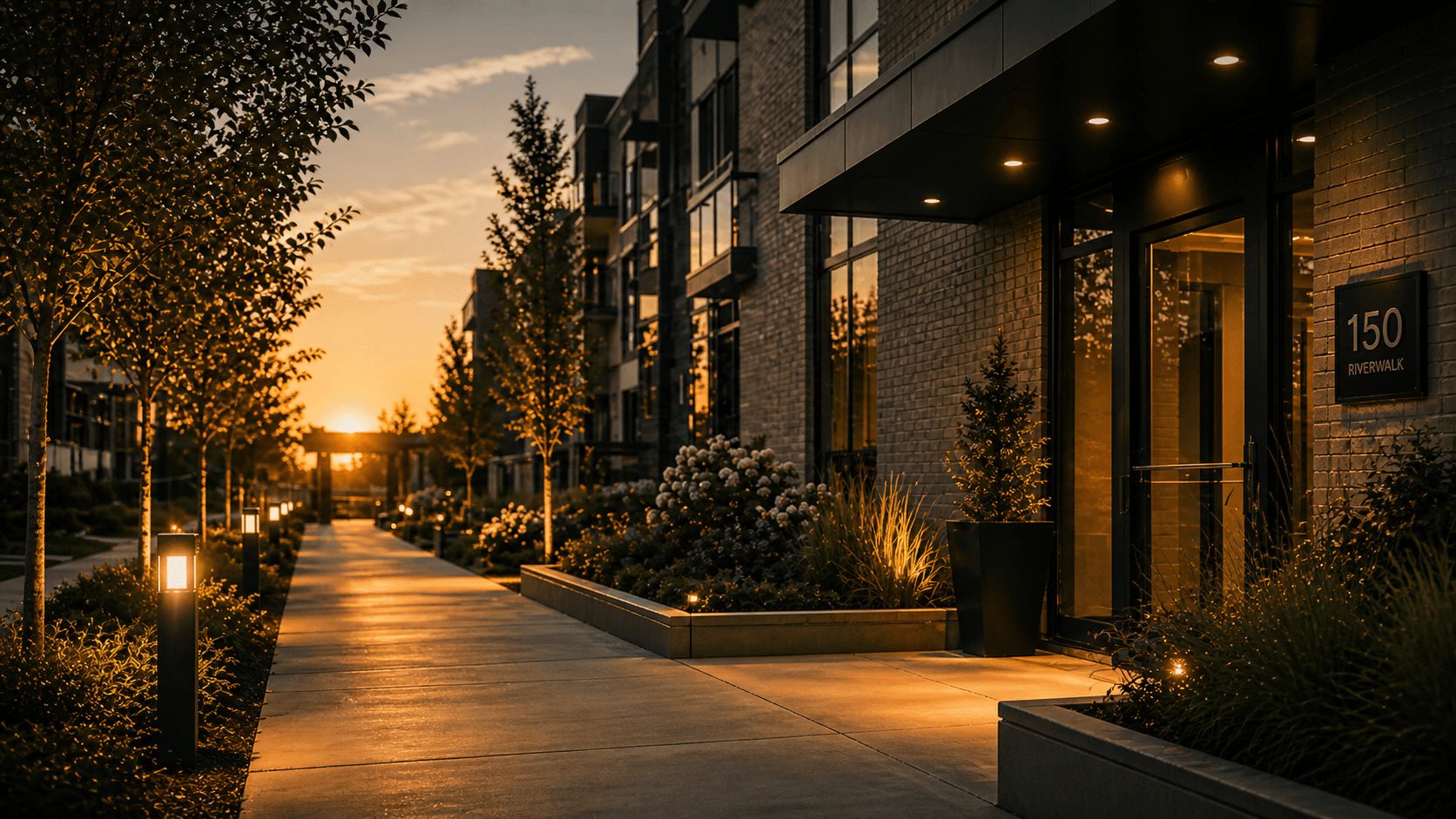 A community walkway at golden hour — bollard lights along a tree-lined sidewalk, mid-rise residences set back behind low planters, sunset on the horizon.
